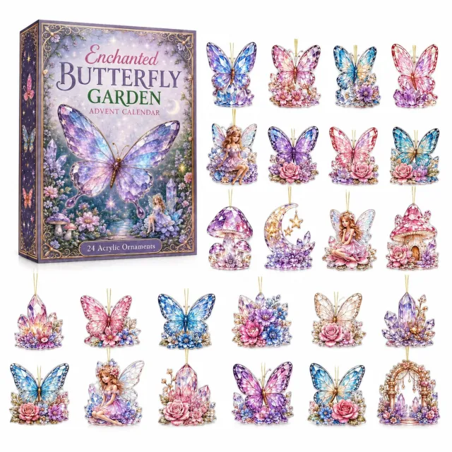 SWGOTA Adventskalender vlindertuin met 24 platte acrylhangers - Vlinders, elfjes en bloemen - Genummerde doos Paars