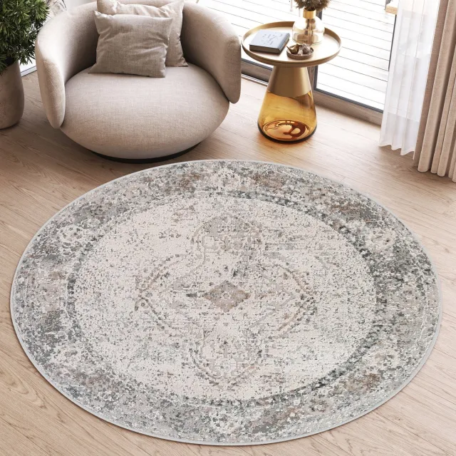 Tapiso Valley Rond Vloerkleed Beige Lichtgrijs Laagpolig Frame Tapijt Maat- 200x200 Beige Grijs