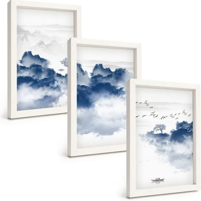 TULUP 3-Delige Schilderij Set - Wolkengebergte met bomen en vogels op de achtergrond - 20x30 - Stijlvolle Wanddecoratie - Interieur - Interieur Decoratie Witte lijst