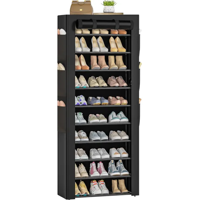 Famanu Schoenenrek met 11 niveaus, organizer voor schoenen met stofhoes, geschikt voor 36-41 paren, met grote zijzakken aan beide kanten Zwart