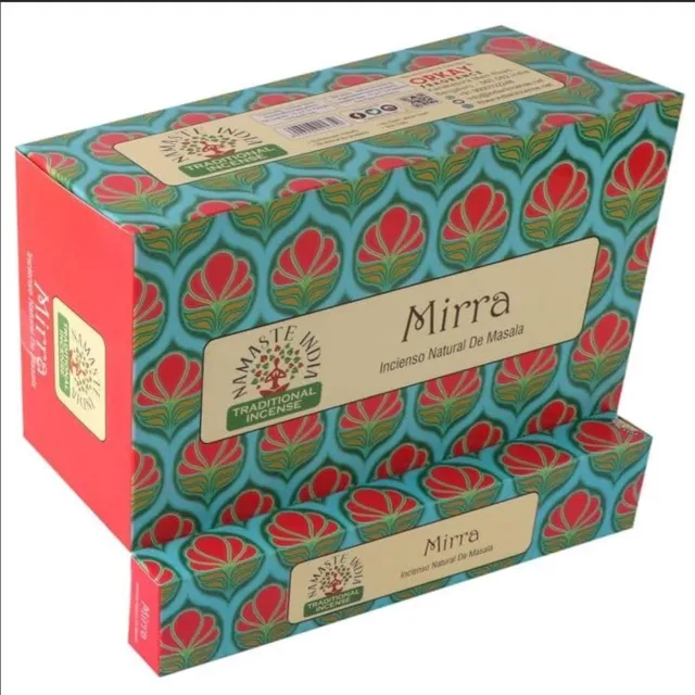 Namaste India Wierookstokjes Agarbatti 12-pak - 240 stokjes in totaal - Aromatische geur voor ontspanning, meditatie en yoga, handgemaakt in India (mirre) met Kajal Sticker bruin