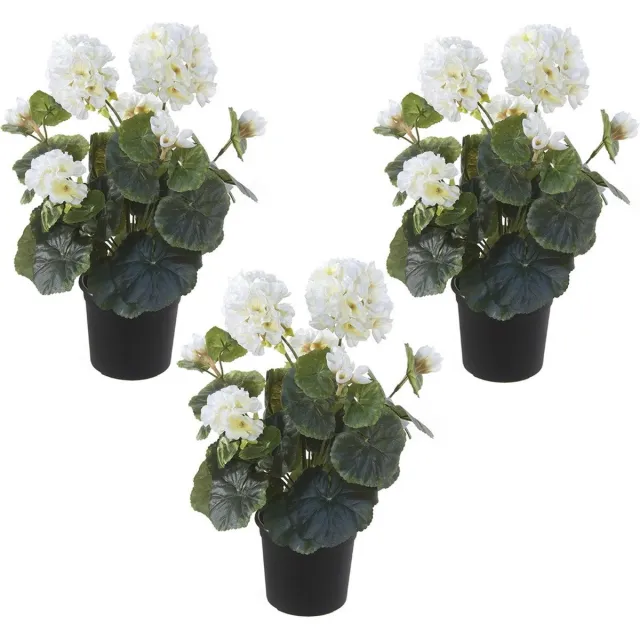 Louis Maes Set van 3x stuks witte geranium kunstplanten in zwarte kunststof pot 35 cm - Pelargonium Graveolens - Woondecoratie