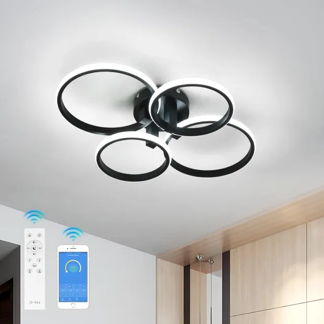 Haobosic 76W Plafondlamp - Rond 4 ringen design - Dimbare met afstandsbediening - 3000K-6500K kleurtemperatuur Zwart
