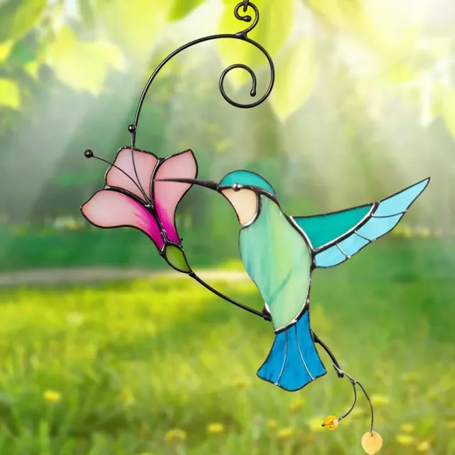 MiBeRu Glazen Suncatcher Kolibrie met Roze Bloem – Raamhanger – 22 x 15 cm
