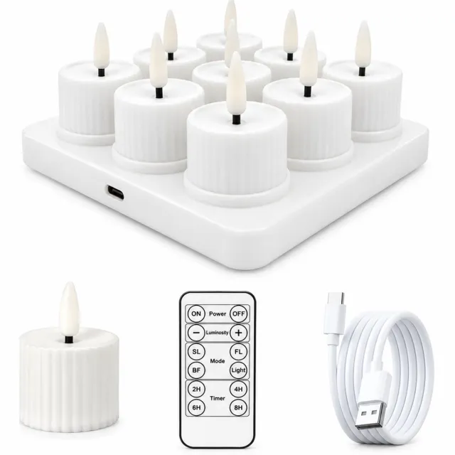 SWGOTA led kaarsen, set van 9 witte geribbelde theelichtjes, warm licht, afstandsbediening en dimfunctie, Type-C-opladen, met 3 x 3 laadvoet en kabel