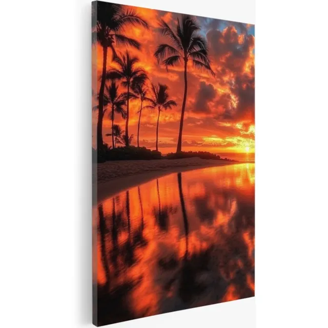 Saammp Canvas Schilderij - Tropisch strand - Zee met zonsondergang - Palmbomen - 60x90 - Foto op canvas - Wanddecoratie - muurdecoratie Woonkamer - Slaapkamer decoratie - Canvas Print Multicolor