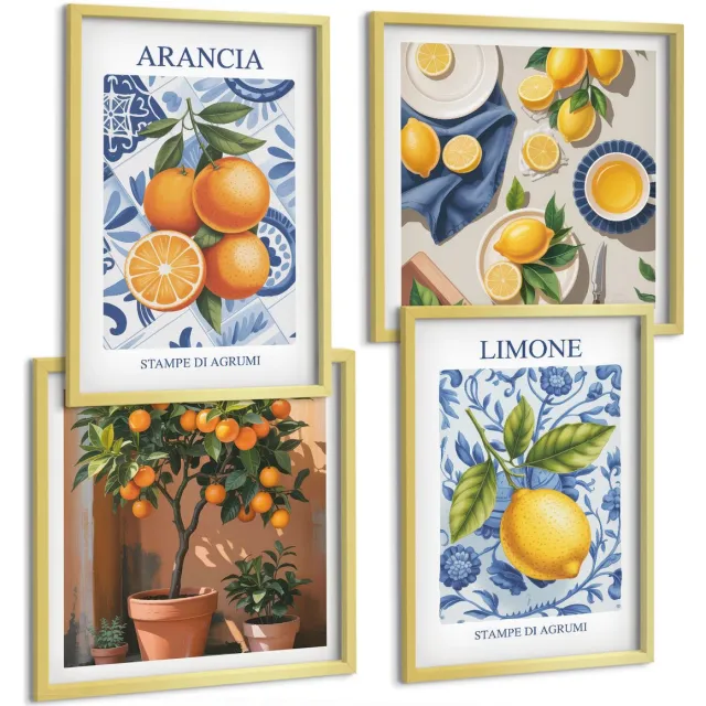 TULUP 4-Delige Schilderij Set - Vintage illustraties van citrusvruchten - 40 x 40 cm en 40 x 60 cm - Decoratieve Schilderijen - Woonkamer - Interieur - Woonkamer Decoratie Gouden lijst