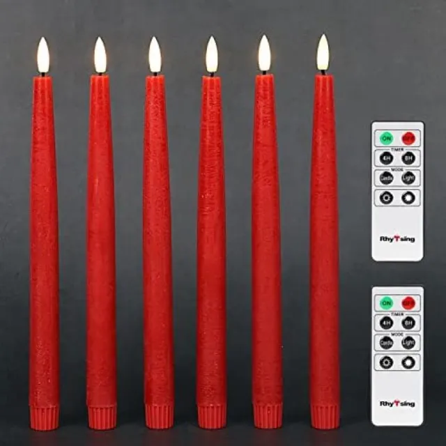 San Marque 29 cm vlamloze taps toelopende kaarsen met timer, batterij-aangedreven eettafel lange kandelaar rustieke was, warm witte LED, 2 afstandsbedieningen inbegrepen - Set van 6 (rood)