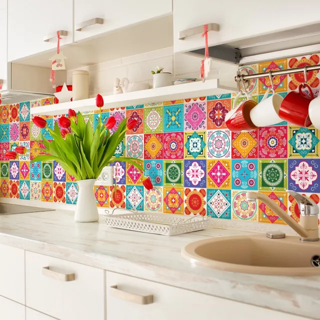 Ambiance Sticker Zelfklevende tegelmuurstickers voor keuken en badkamer - 24 Azulejos Fililana tegelstickers - 24 stickers 15x15cm Multi color