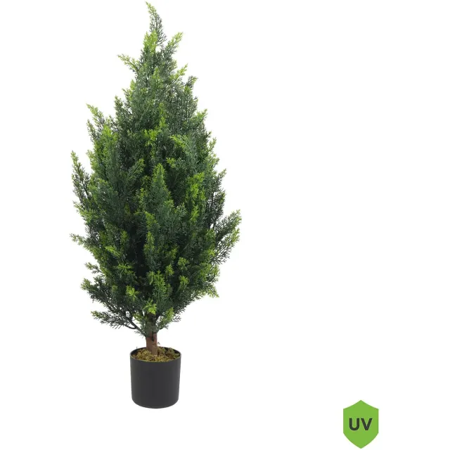 Kunstpalm Kunstplant Conifeer in pot | 90cm | UV Bestendige Kunstplant – Realistische Kunststruik voor buiten – Groene Haagplant in pot – Onderhoudsvrije kunstplant – Binnen & Buiten decoratie Donkergroen