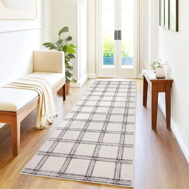 Danky Zacht Vloerkleed - Machinewasbaar Antislip Tapijt met geometrisch lijnpatroon voor Woonkamer en Slaapkamer - Beige 60 x 230 cm