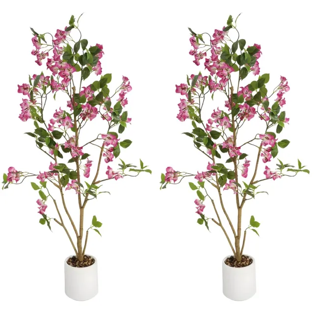 Happiq Kunstmatige Bougainvillea Boom - Voor Thuis & Kantoor - Faux Zijde Bloemenplant met Bloemen - 2 Stuks, 120 cm, Inclusief Plastic Pot - Light Purple