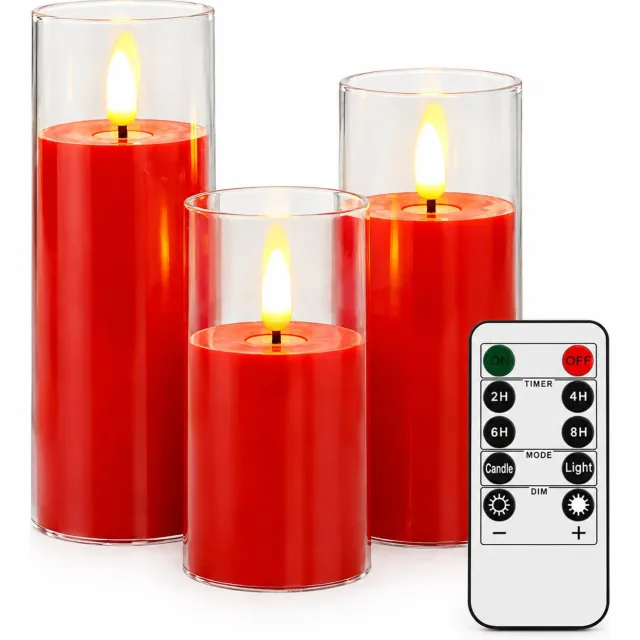 SWGOTA led kaarsen, rode set van 3 met afstandsbediening, warme vlamvormige verlichting en transparante kap, diameter 5,5 cm, hoogtes 10/12,5/15 cm Rood