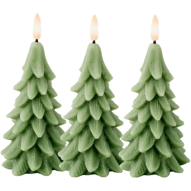 Lumineo LED kerstboom kaars - 3x - groen - 15 cm - batterijen - timer - kerstboom vorm kaarsen - kerstdiner