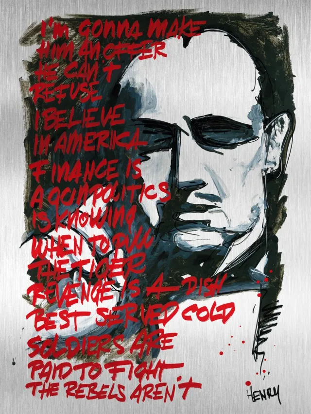 De Opmakerij MARLON BRANDO * I GONNA MAKE HIM AN OFFER HE CAN'T REFUSE * - sign painted kunstwerk op geborsteld aluminium 60 x 80 cm full-colour