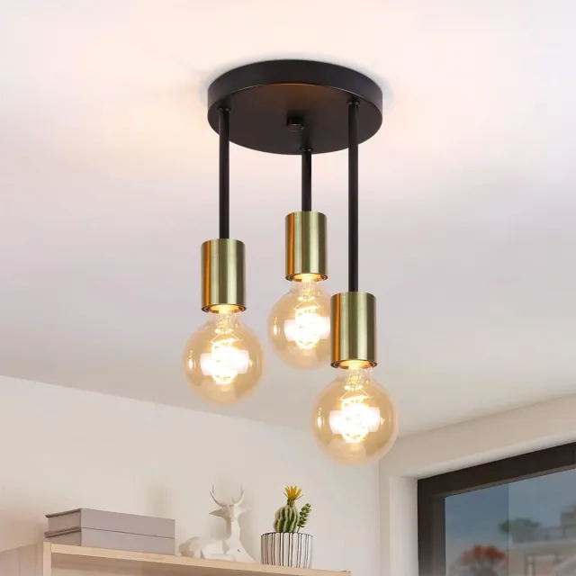 Glitzerlife Vintage Plafondlamp Goud 3-lichts E27 Fitting - Industrieel Zwart Plasfondspots - Exclusief Lichtbron - Geschikt voor Slaapkamer, Eetkamer, Keuken, Hal, Woonkamer, Bar