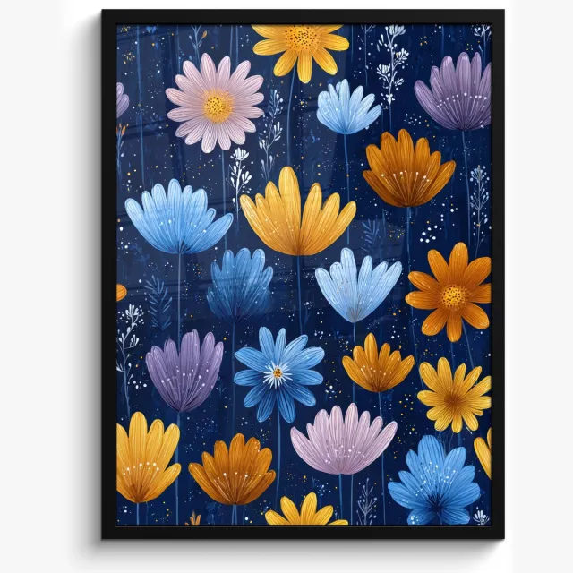 FrameYourWall Poster in lijst - Fotolijst 50x70 cm - Posters - Bloemen - Patroon - Blauw - Contrast - Posterlijst zwart - Decoratie - Wanddecoratie woonkamer - Muurdecoratie slaapkamer Bloemen - Patroon - Contrast