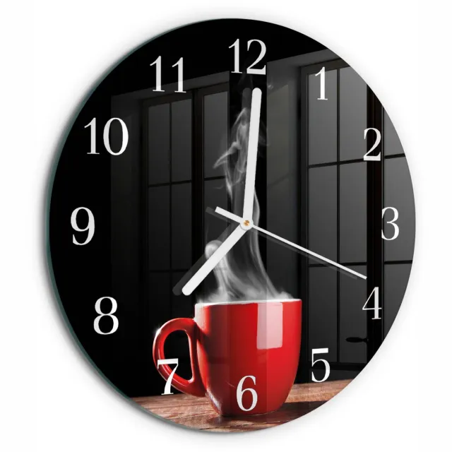 TULUP Wandklok - Kopje koffie Gekleurde Glazen Klok - 30fi cm - Rood Glazen Klok Met Print - Witte Handen - Ronde Wandklok - Glazen Klok Met Print - Wandklok Glas Met Motief Rood - Kopje koffie