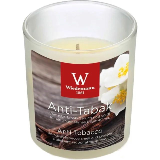 Trend Candles Geurkaars - in glas - Anti tabac aroma - 25 branduren - 7 x 8 cm - woondecoratie - kaarsen Wit