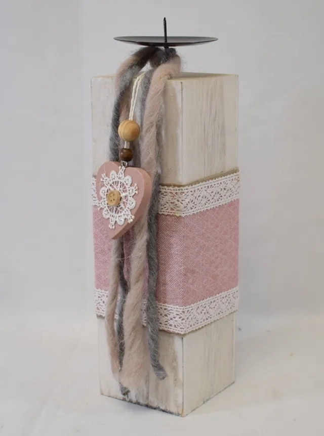 ZoeZo Design Kaarsenhouder - kandelaar - Ibiza - Boho - H 30 x 8 x 8 cm - hout - wit - roze