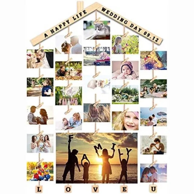 PromoHome Hangende Fotocollage Houten Muur Bord met Touw en 30 Klemmen voor Foto's, Kaarten en Notities - Inclusief Alfabet en Cijferstickers - 63 x 90 cm - Creatieve Huisdecoratie