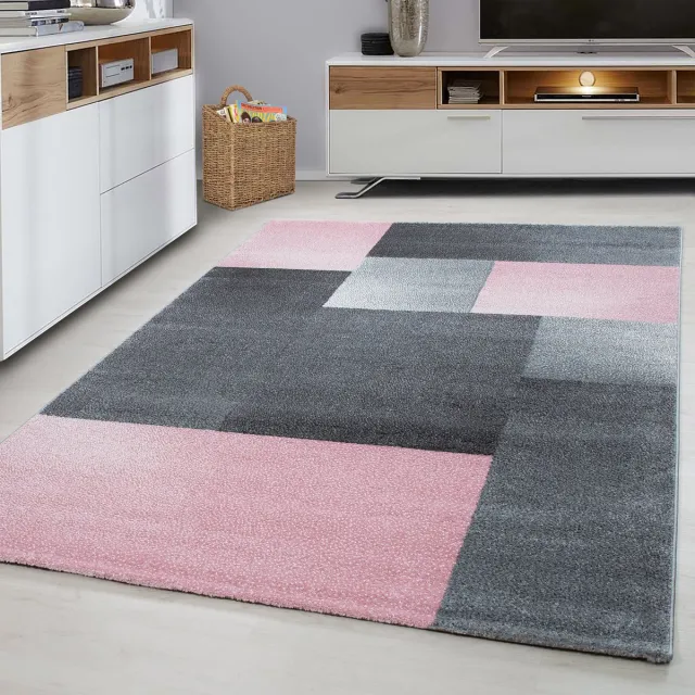 Ayyildiz Kortpolig vloerkleed, geruit patroon, roze, woonkamerkleed, jute achterkant, afmeting: 140 x 200 cm