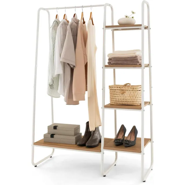 Costway Kledingrek van metaal, vrijstaande garderobe met 4 planken, open kledingrek voor het ophangen van kleding en voor het opbergen van slaapkamer, woonkamer, entree Naturel