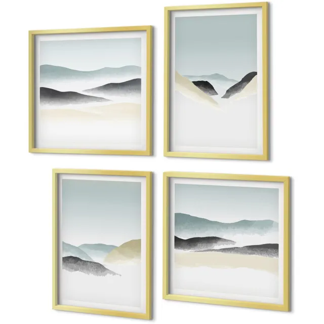 Coloray 4-Delige Schilderij Set - Minimalistische bergen in delicate pasteltinten - 40 x 40 cm en 40 x 60 cm - Decoratieve Muurdecoratie - Slaapkamer - Stijlvolle Muurdecoratie Gouden lijst