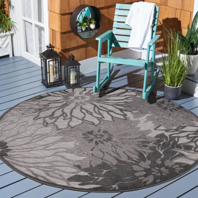 Muratap Floral Outdoor - Buitenkleed Tuin - Rond - Weerbestendig Vloerkleed - Grijs