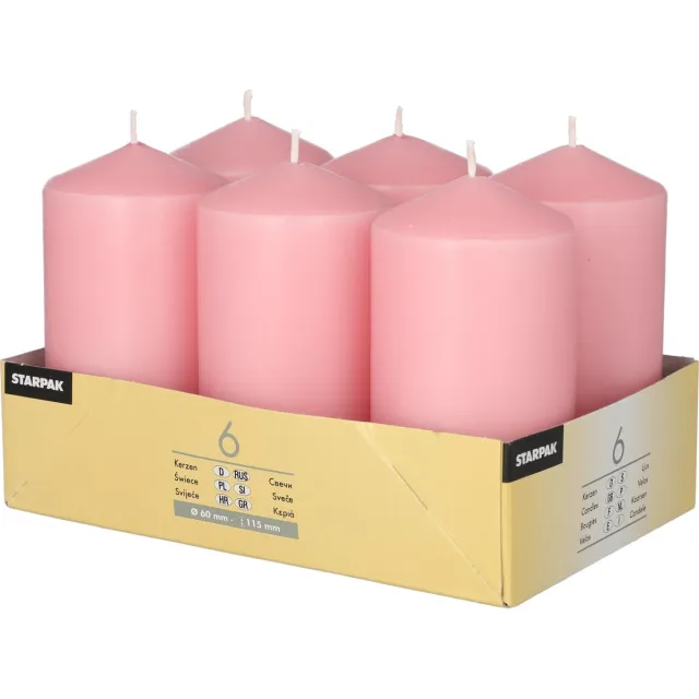 Conpax Candles Stompkaarsen/zuilkaarsen set van 6x - lichtroze - D6 x H12 cm - 24 branduren
