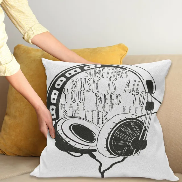 ABAKUHAUS Muziek Sierkussenhoes, Headphones Industrial Ontwerp Schets met Woorden Audio Sound Stereo Scribble, Decoratieve Vierkante Sierkussenhoes, 50 x 50 cm, Houtskool Grijs