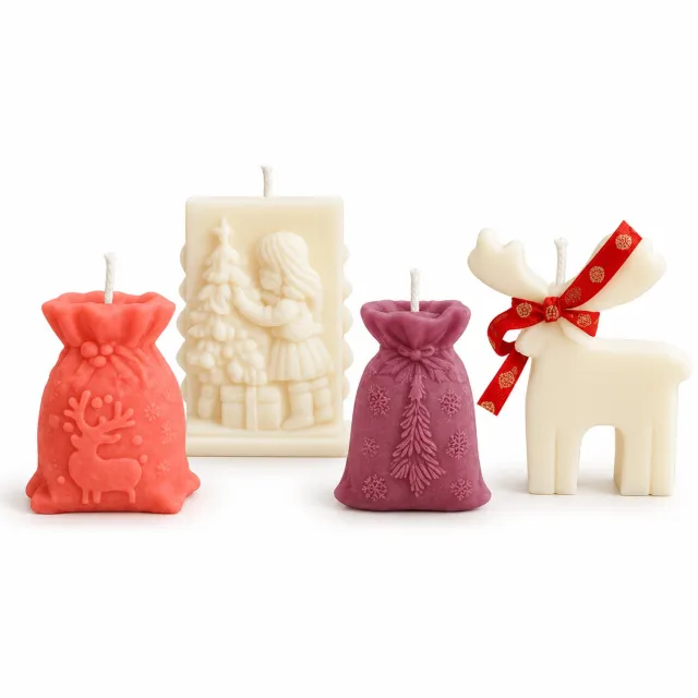 Scentulp Kerstverhaal Cadeauset - Geurkaarsen - 4 Stuks Koraalroze, paars en ivoor