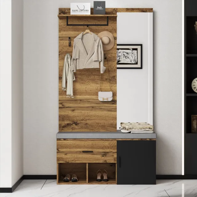 MODFU Kapstok 104x39x190 cm van spaanplaat, eikenlook met spiegel en schoenenbank