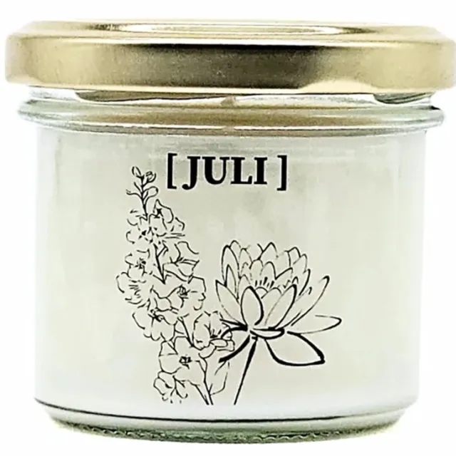 Candlelight-on geurkaars met geboortebloem en geboortedatum - 14 juli - o.b.v. sojawas en etherische oliën Wit