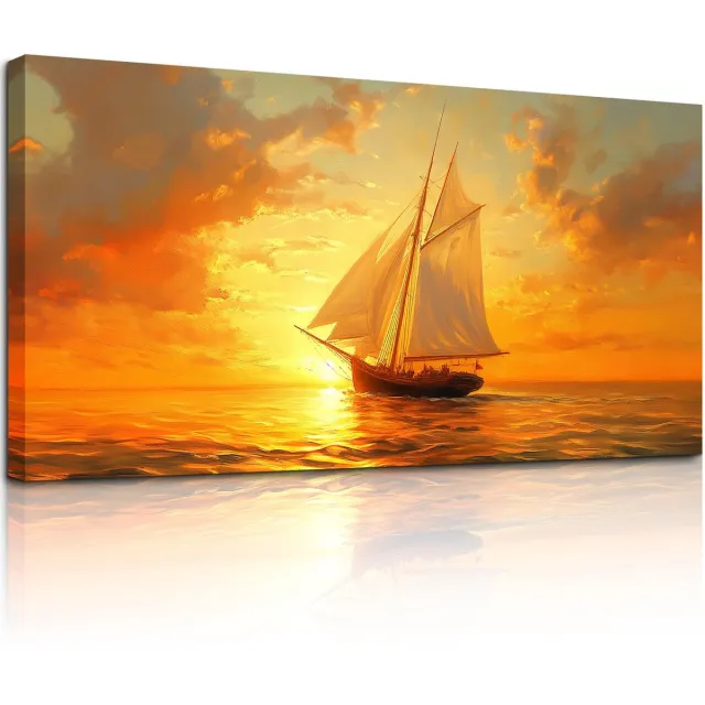 Ibenzoa Esthetisch Canvas Schilderij van Zeilboot op Zee - Groot Formaat 50 x 100 cm voor Diverse Kamers orange