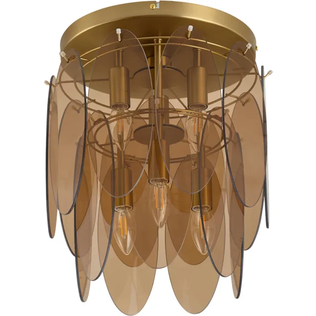 QAZQA art deco plafondlamp - Mochan - goud met amberglas, vintage, rond, 6-lichts, 35cm, ideaal als hal en woonkamer lamp Goud/messing