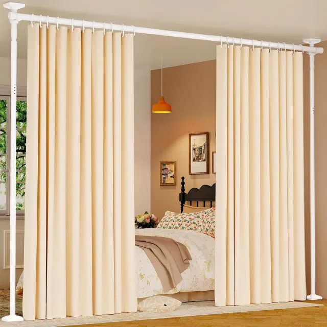 Homesy Ruimteverdeler-stang, gordijnroede ruimtescheidingssysteem, zonder boren, 122-305 cm (H) × 70-177 cm (B), verstelbaar, robuuste vrijstaande scheidingswand voor ruimteverdeling, wit