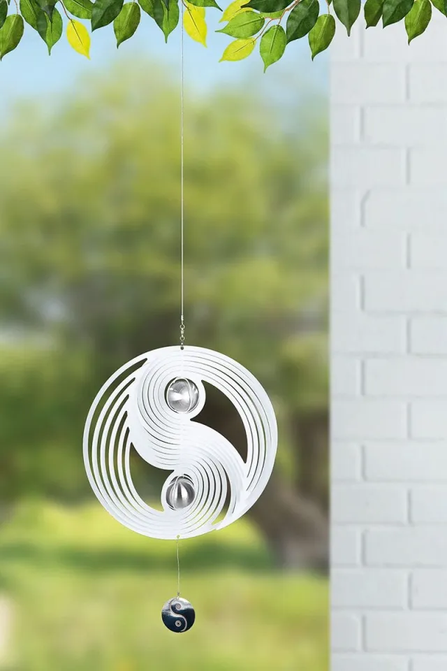 Art Bizniz Windspinner Yin Yang RVS zwart wit -25 cm rond hoogte met koord 90 cm