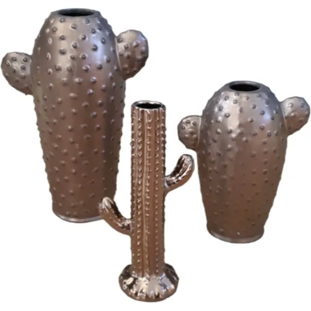 Mica Decorations Vaas Cactus brons Keramiek , Set van 3 , Grootste,5 x B10,5 x H24,5cm