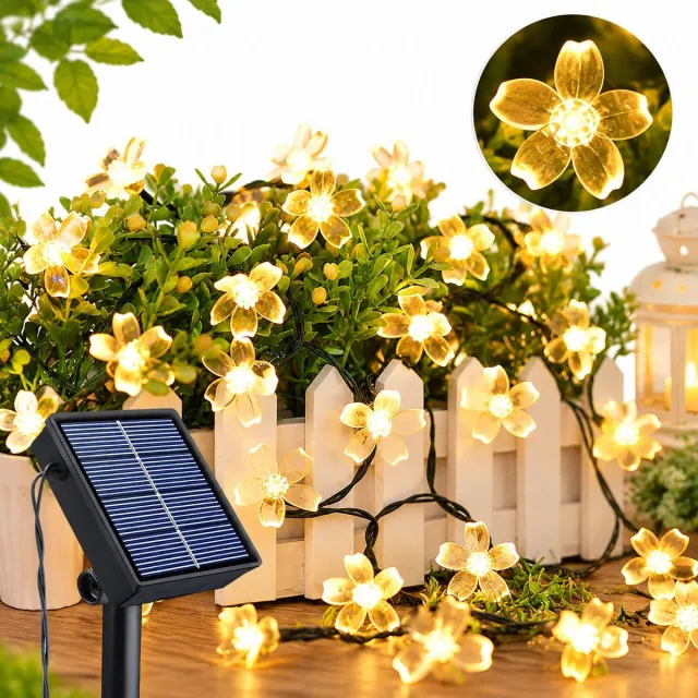 VHV Lichtsnoer buiten - Buitenverlichting Lichtslinger - Tuinverlichting op zonneenergie - Kersenbloesem solar lamp - 7 m 50 LED Warmwit - Waterdicht