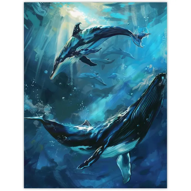 Unyqoos Onderwaterwereld Schilderij met Dolfijnen en Walvissen op Luxe Kunstpapier Blauw