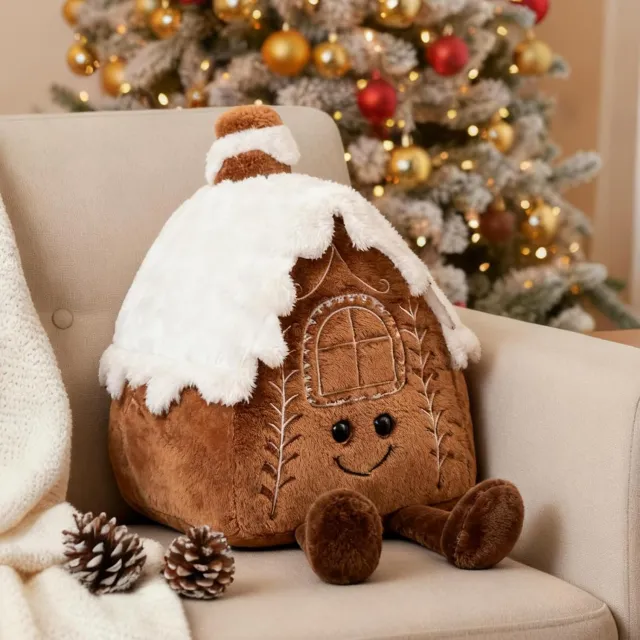 YAGXIG Kerstkussens - Kersthoofdkussens - Peperkoekhuisjeskussens - Schattige pluche sneeuwhuiskussens - 31,8 cm (12,5 inch) - Gevuld met kerstversieringen bruin