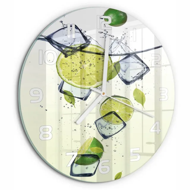 TULUP Wandklok - Limoenen en ijs Wandklok Glas Met Motief - fi30 cm - Groente Decoratieve Glazen Klok - Witte handen - Ronde Klok - Gekleurde Glazen Klok - Glazen Klok Met Print