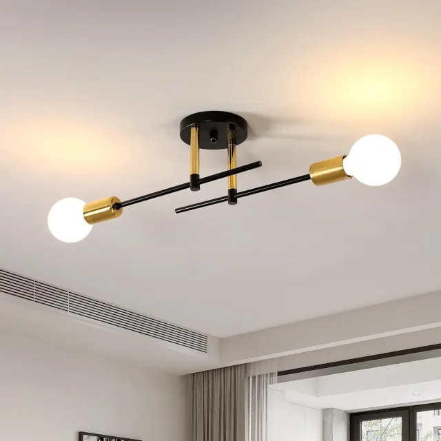 MELVRA Plafondlamp - Vintage & Industrieel - 2-Lichts - E27 Fitting - Metaal - Retro Plafondspot voor Slaapkamer, Keuken & Eetkamer - Zwart