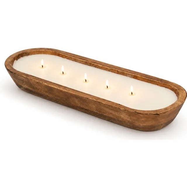 WDMT Langwerpige Geurkaars in Houten Kom – Luxe Soja Kaars met 5 Lonten – Knisperend Openhaard Effect – Grote Sfeerkaars – Rustieke Woondecoratie & Cadeau Wit