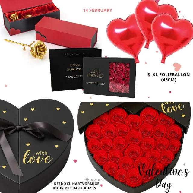 Lovelockers Valentijn Cadeau Pakket Hart met grote Rode Rozen | Gouden Roos | I Love You doosje met 12 roosjes | 3 XL Hart Folie Ballon | Romatisch cadeau pakket