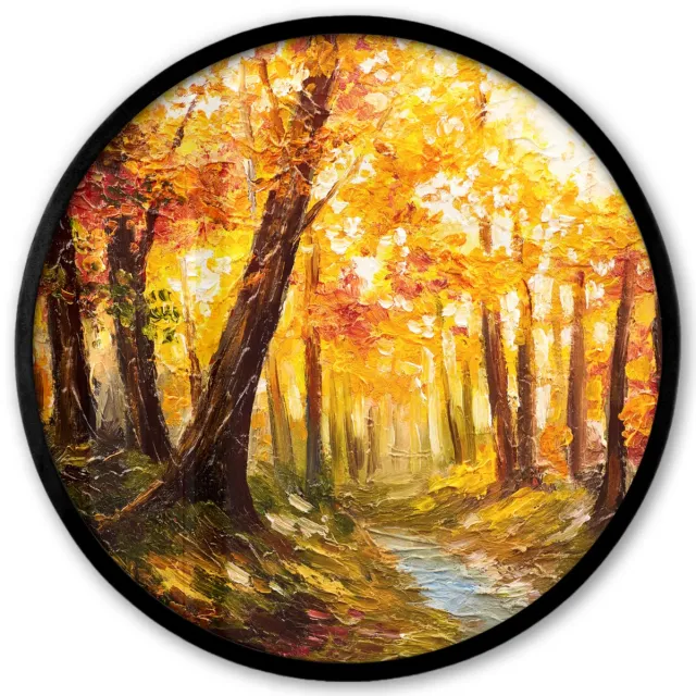 FrameYourWall Poster in lijst Rond - Fotolijst 40x40 cm - Posters - Schilderij - Herfst - Bos - Olieverf - Ronde posterlijst zwart - Decoratie - Wanddecoratie woonkamer - Muurdecoratie slaapkamer Multicolor