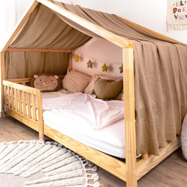 Lilimaus Huisbed hemeltje uit één stuk met gouden details - bedhemel voor huisbed - 135x360 cm - mousseline katoen - bruin
