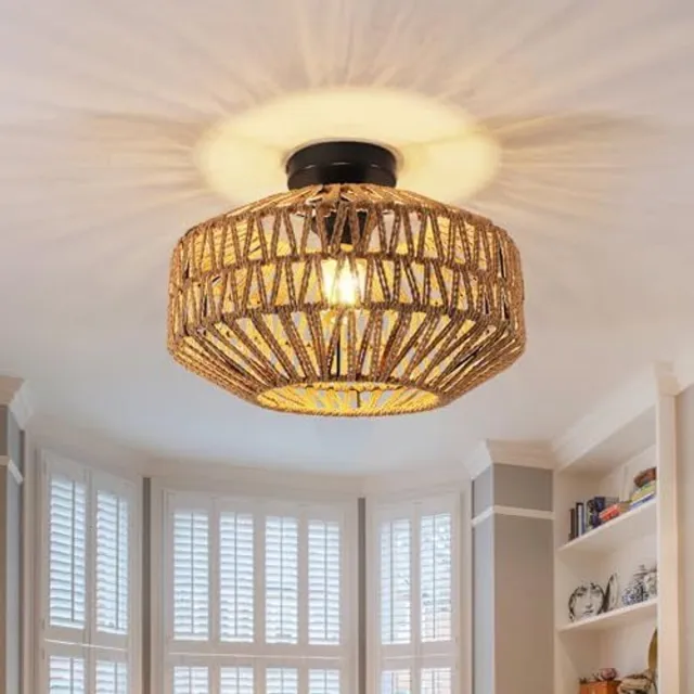 Haobosic Rotan Gevlochten - Plafondlamp - Zwarte Basis - 40x40x30cm - E27 Fitting Zonder Lichtbron Black