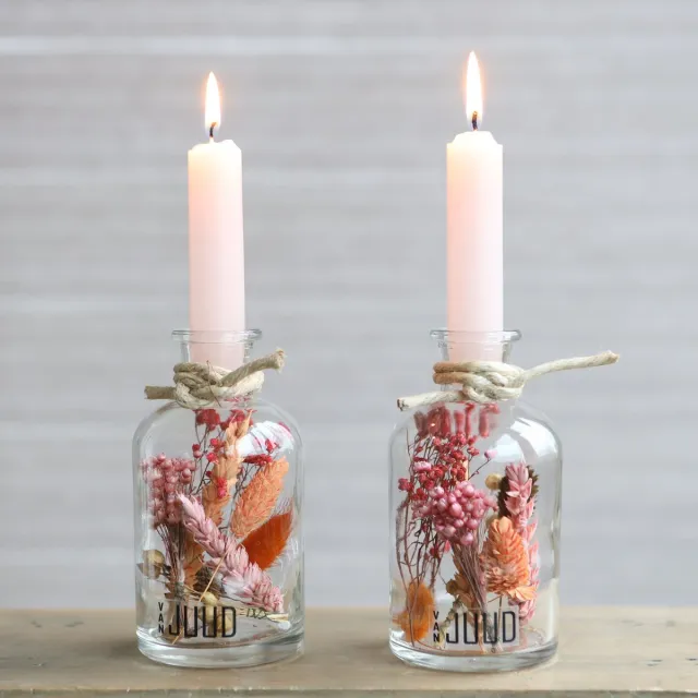 Van JUUD Droogbloemen in Glas met Kaarsen - 2 Stuks - Gedroogde Bloemen Boeket met Vaas - In Fles Roze